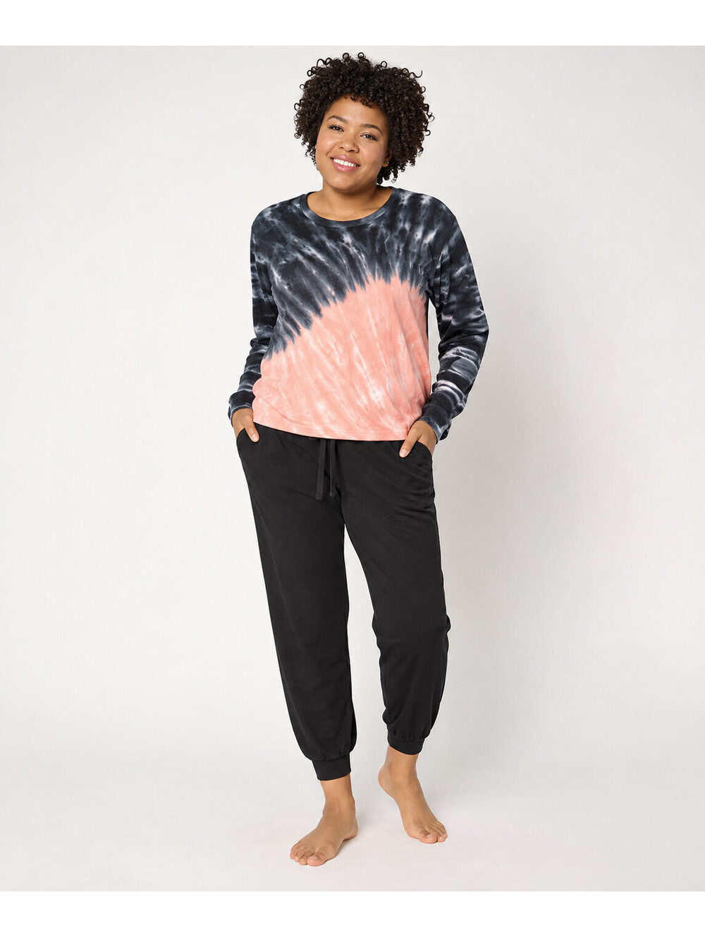 AnyBody Cozy Knit Tie-Dye Top and Jogger Set Black/Blush, Size Tall XX-Small
